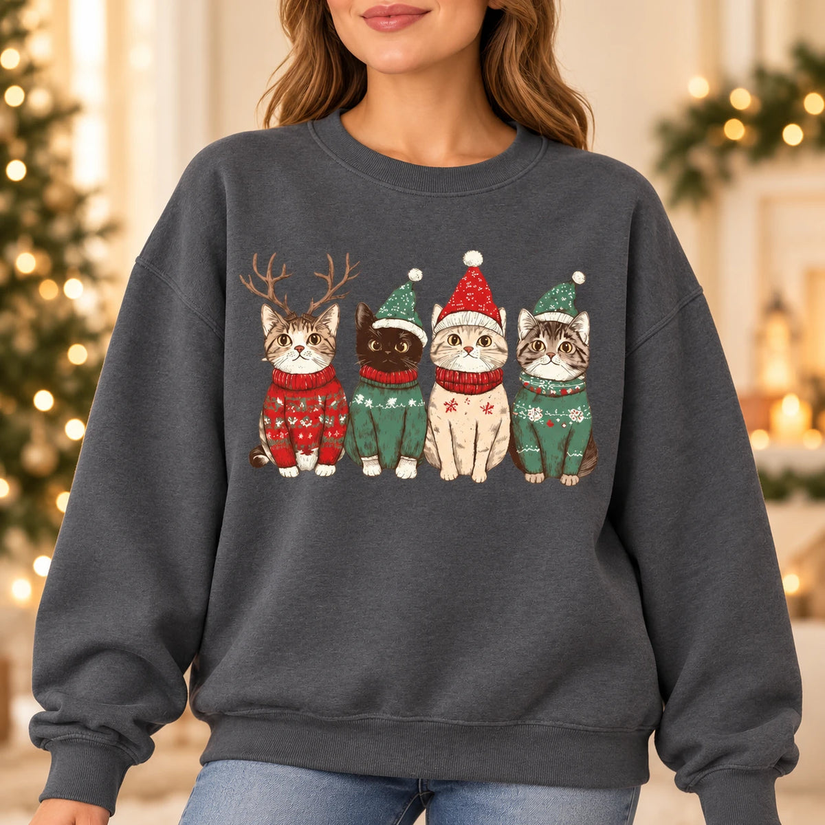 Christmas Cat Mom Gift, Four Festive Kittens Sweatshirt, Cute Vintage Holiday Illustration