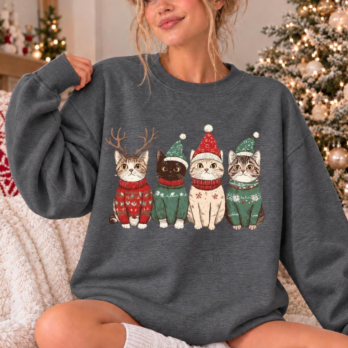 Christmas Cat Mom Gift, Four Festive Kittens Sweatshirt, Holiday Cat Lover Women, Cute Vintage Design
