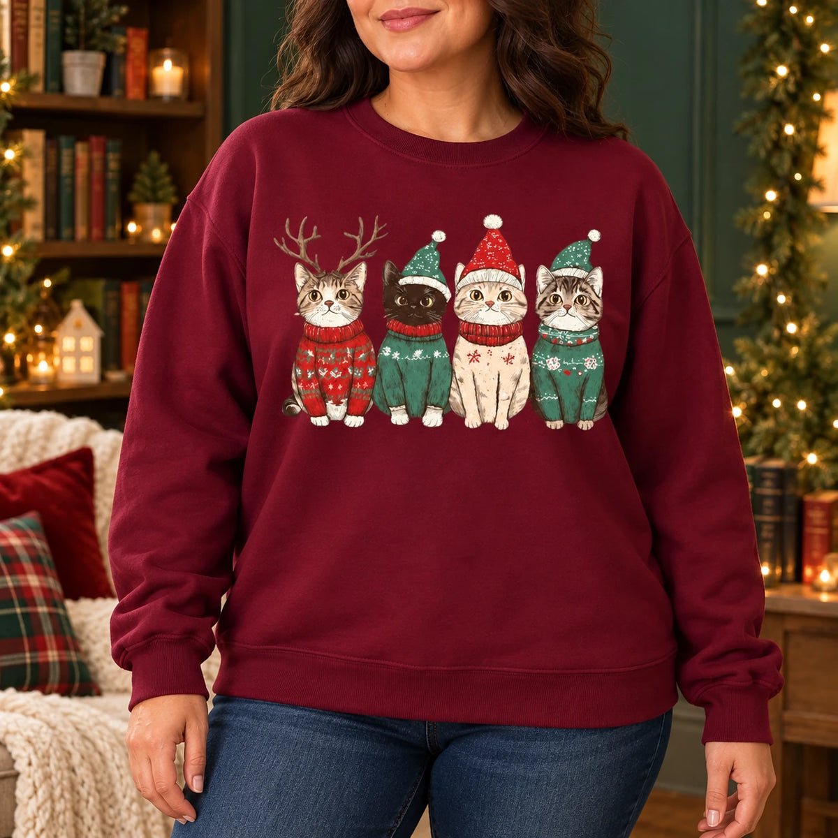 Christmas Cat Mom Gift, Four Festive Kittens Sweatshirt, Cute Vintage Holiday Illustration