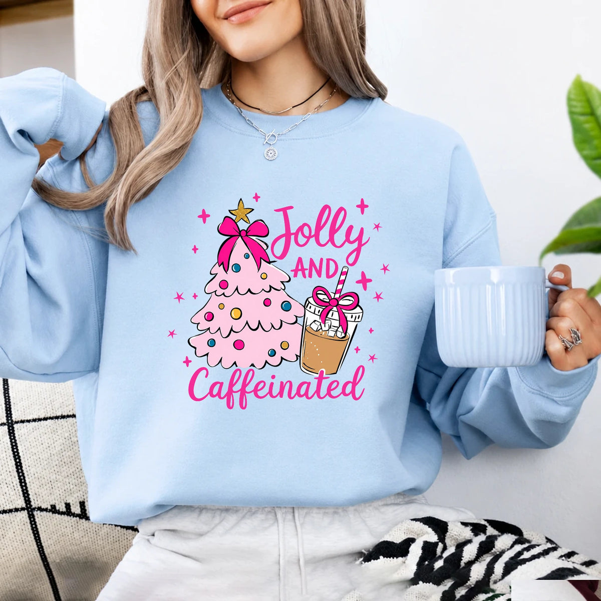 Christmas Coffee Sweatshirt Jolly and Caffeinated Christmas Coffee Lover Women Coquette Cute Design