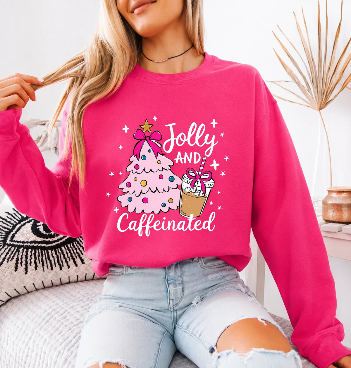 Christmas Coffee Sweatshirt Jolly and Caffeinated Christmas Coffee Lover Women Coquette Cute Design