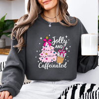 Christmas Coffee Sweatshirt Jolly and Caffeinated Christmas Coffee Lover Women Coquette Cute Design