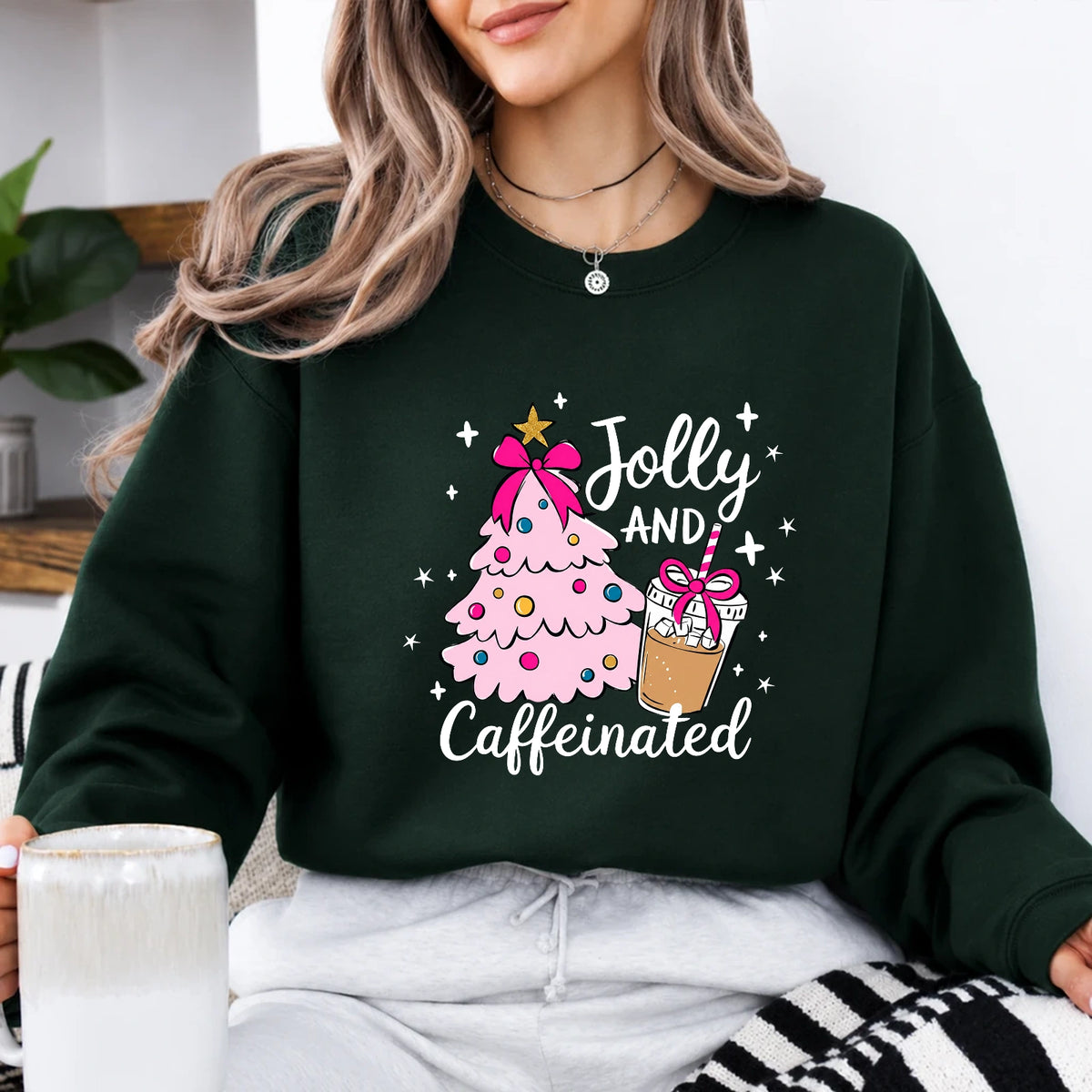 Christmas Coffee Sweatshirt Jolly and Caffeinated Christmas Coffee Lover Women Coquette Cute Design