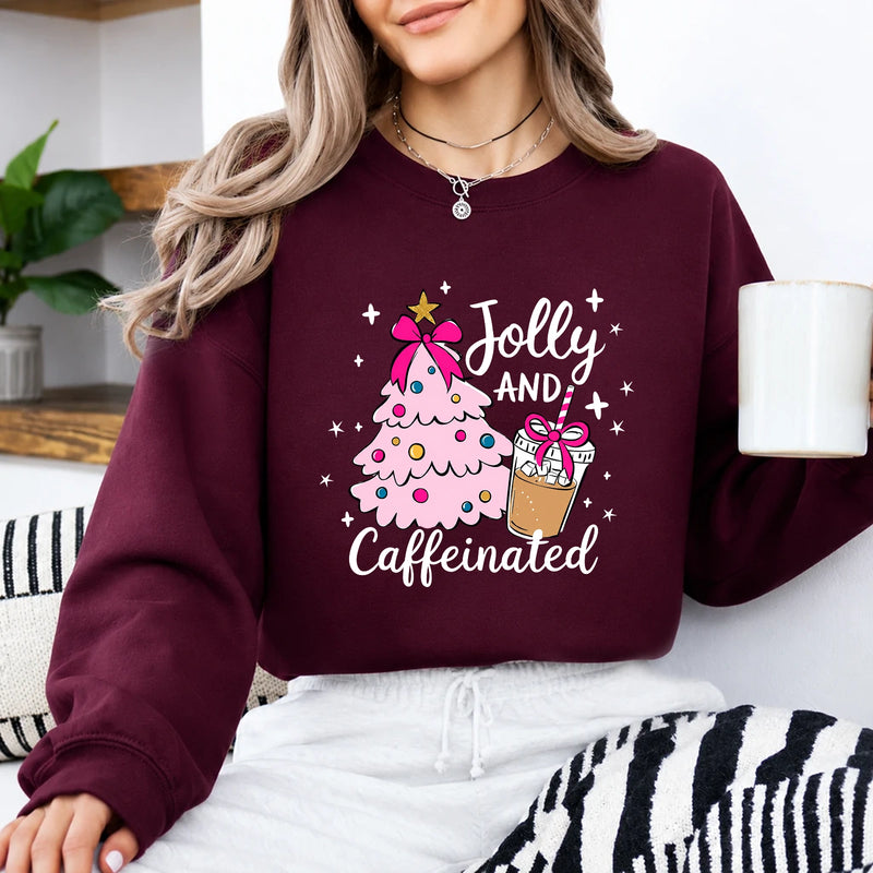 Christmas Coffee Sweatshirt Jolly and Caffeinated Christmas Coffee Lover Women Coquette Cute Design