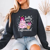 Christmas Coffee Sweatshirt Jolly and Caffeinated Christmas Coffee Lover Women Coquette Cute Design