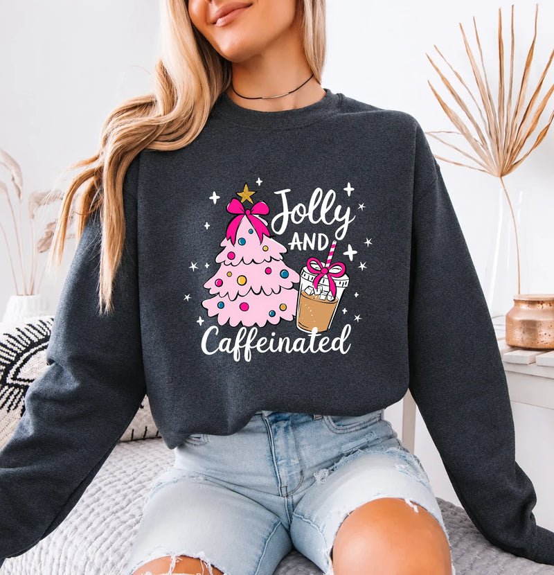 Christmas Coffee Sweatshirt Jolly and Caffeinated Christmas Coffee Lover Women Coquette Cute Design