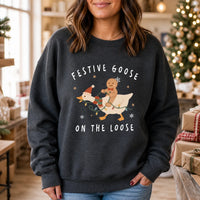 Christmas Goose Sweatshirt, Festive Goose On The Loose Cute Holiday Women Design