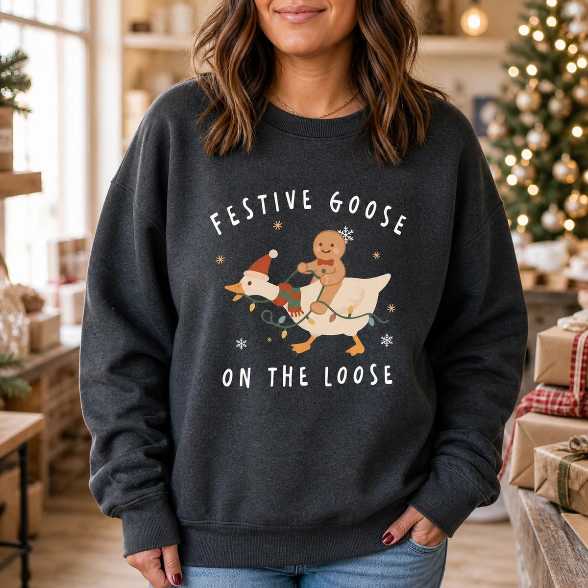 Christmas Goose Sweatshirt, Festive Goose On The Loose Cute Holiday Women Design