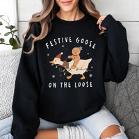 Christmas Goose Sweatshirt, Festive Goose On The Loose, Christmas Holiday Women Cute Cartoon Design