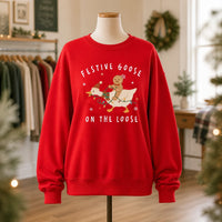Christmas Goose Sweatshirt, Festive Goose On The Loose Cute Holiday Women Design