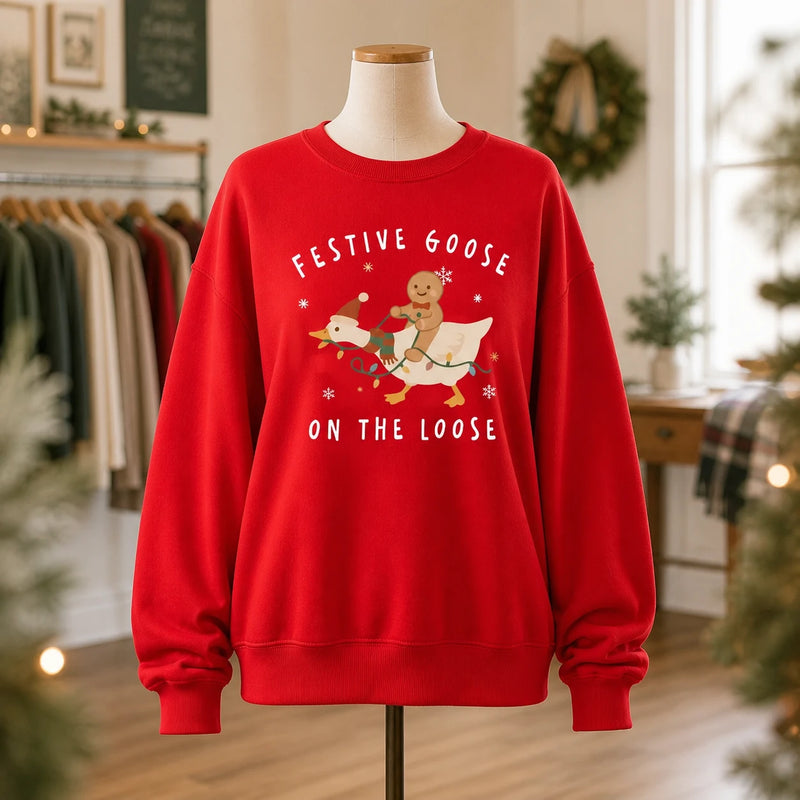 Christmas Goose Sweatshirt, Festive Goose On The Loose Cute Holiday Women Design