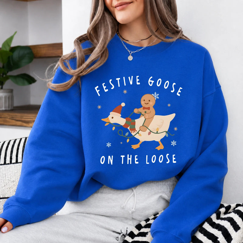 Christmas Goose Sweatshirt, Festive Goose On The Loose, Christmas Holiday Women Cute Cartoon Design