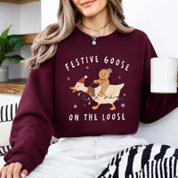 Christmas Goose Sweatshirt, Festive Goose On The Loose, Christmas Holiday Women Cute Cartoon Design