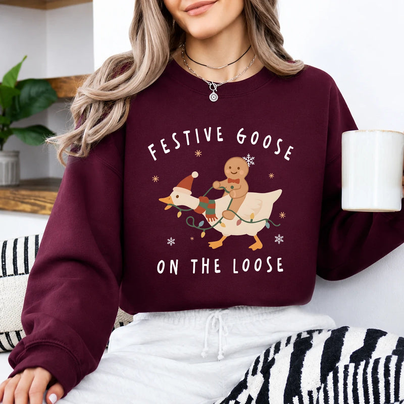 Christmas Goose Sweatshirt, Festive Goose On The Loose, Christmas Holiday Women Cute Cartoon Design