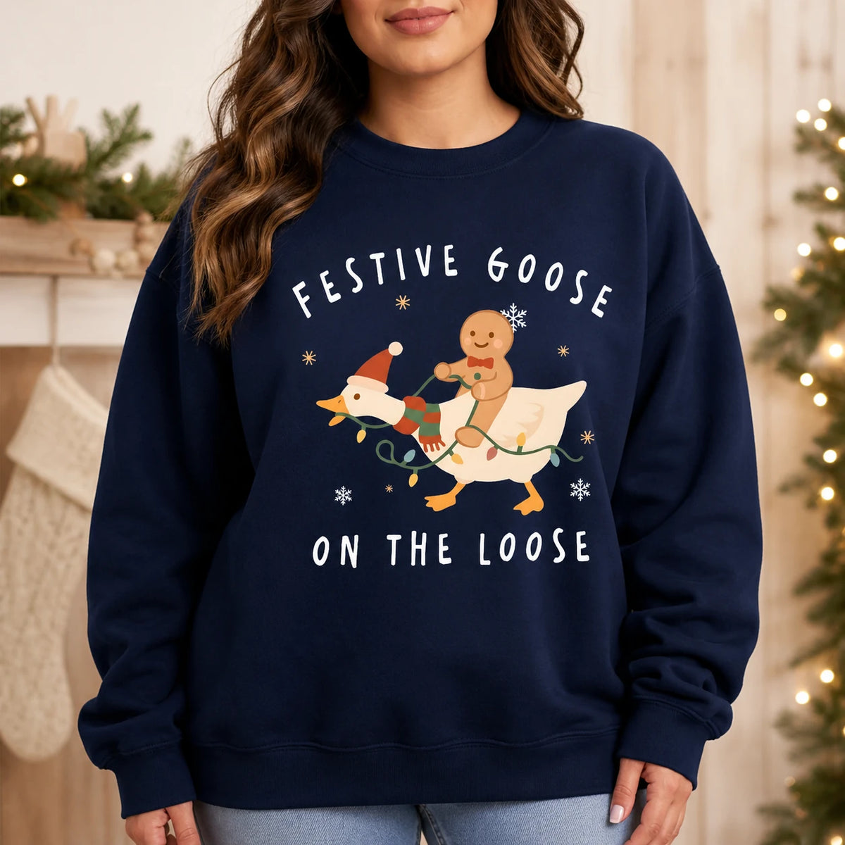 Christmas Goose Sweatshirt, Festive Goose On The Loose Cute Holiday Women Design