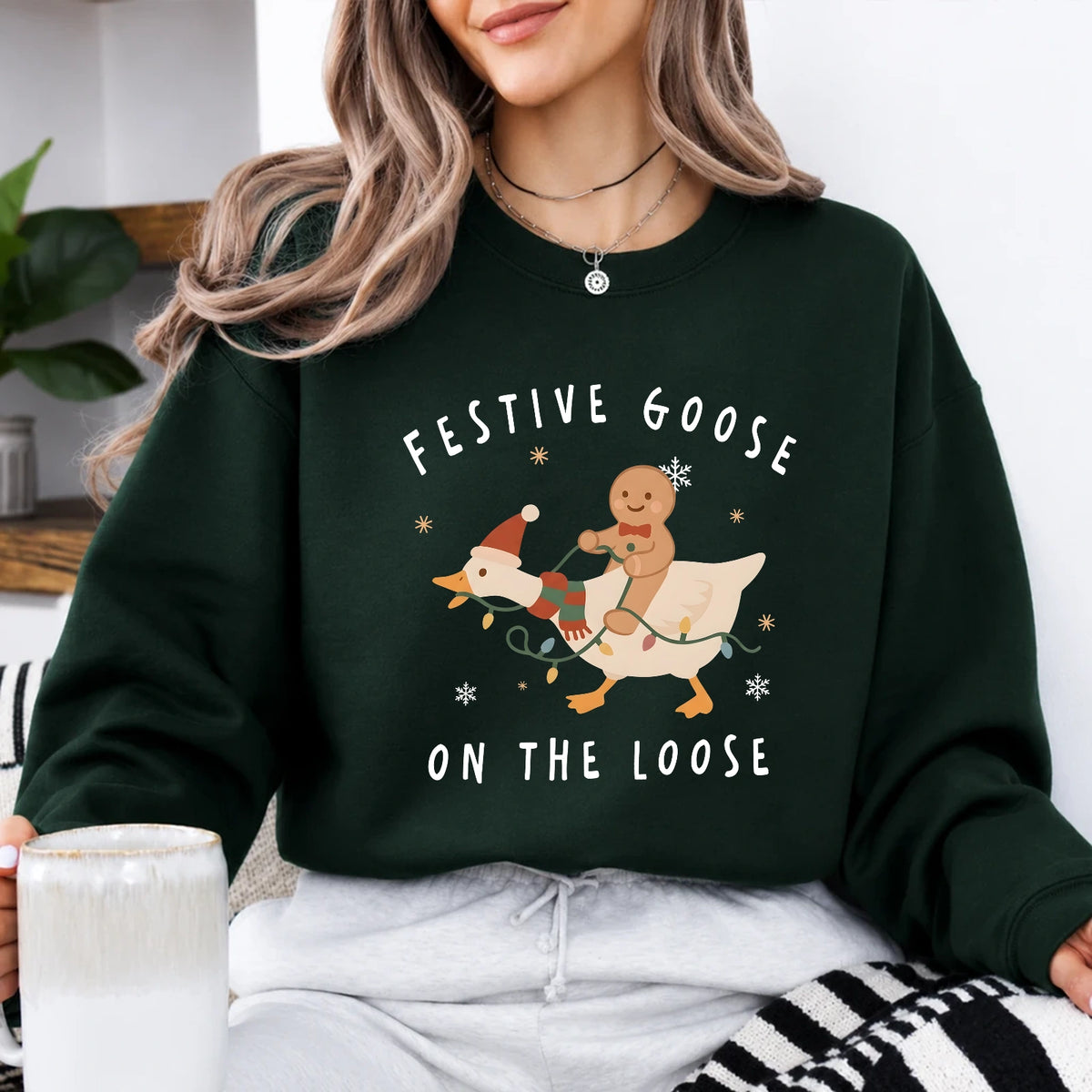 Christmas Goose Sweatshirt, Festive Goose On The Loose, Christmas Holiday Women Cute Cartoon Design