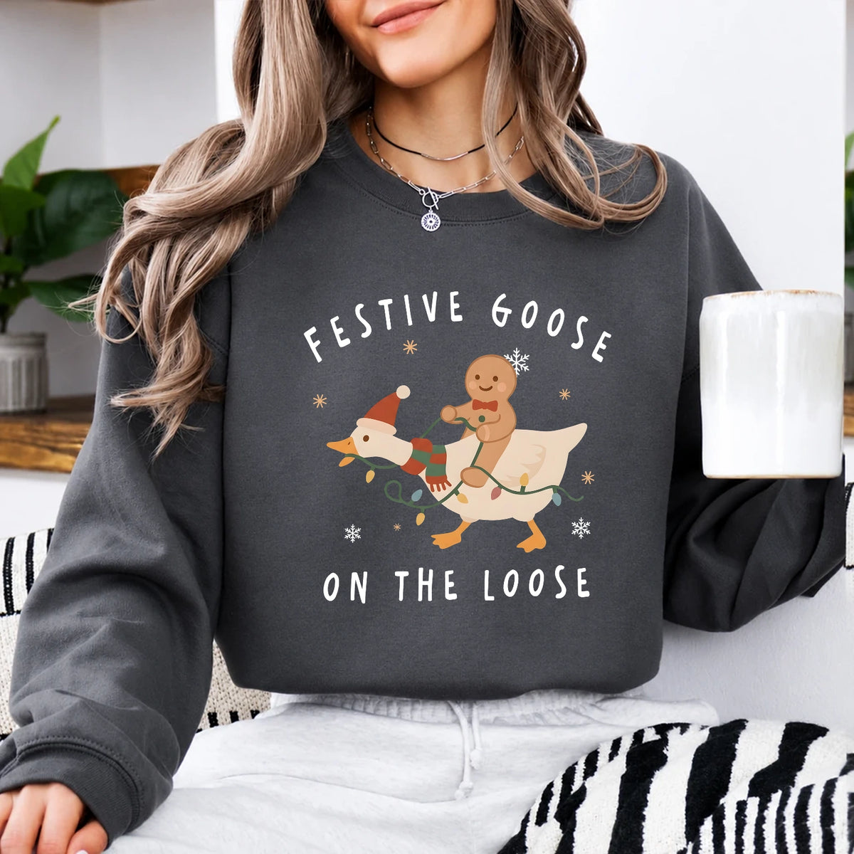 Christmas Goose Sweatshirt, Festive Goose On The Loose, Christmas Holiday Women Cute Cartoon Design