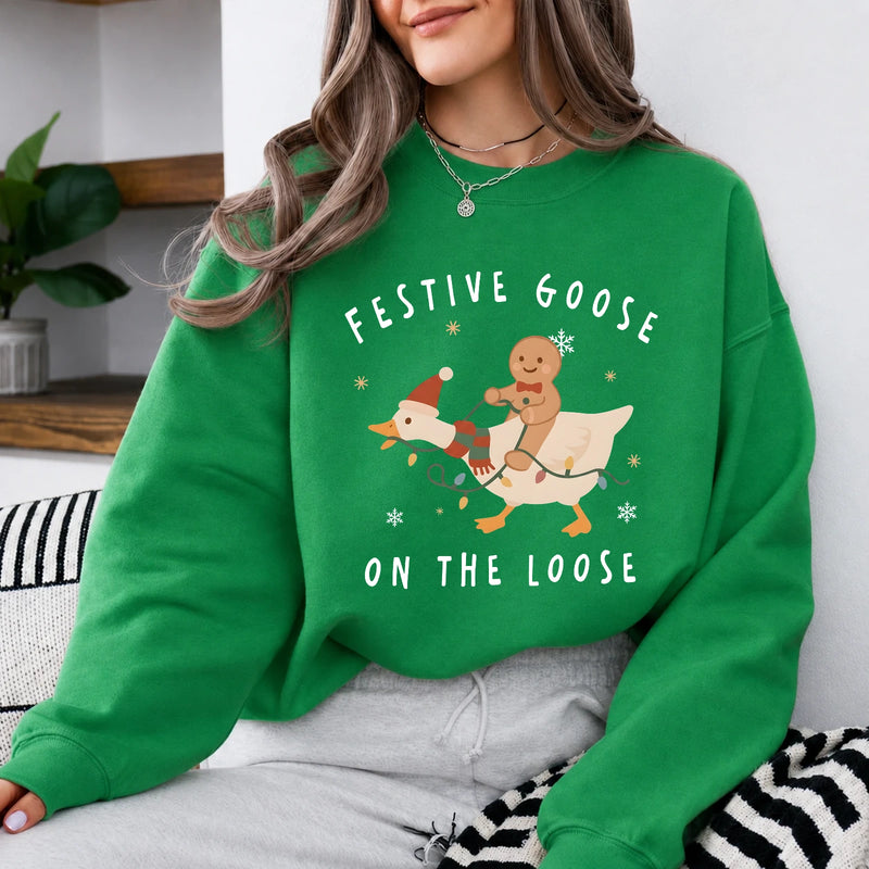Christmas Goose Sweatshirt, Festive Goose On The Loose, Christmas Holiday Women Cute Cartoon Design