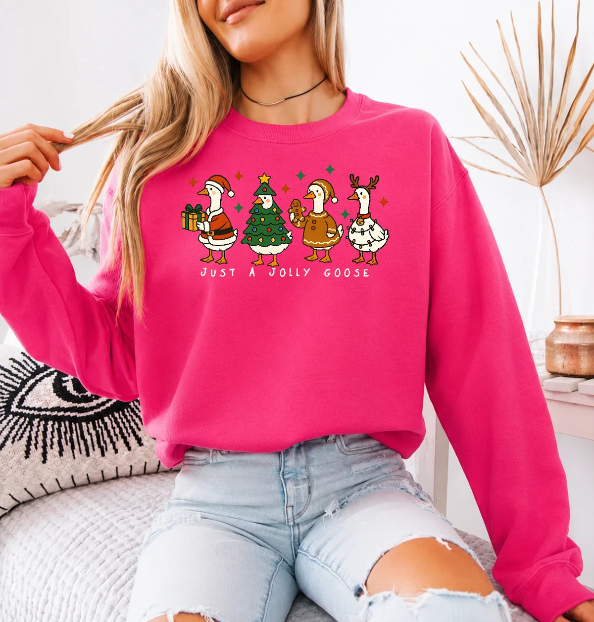 Christmas Goose Sweatshirt Just A Jolly Goose Cute Holiday Goose Lover Women Cartoon Design
