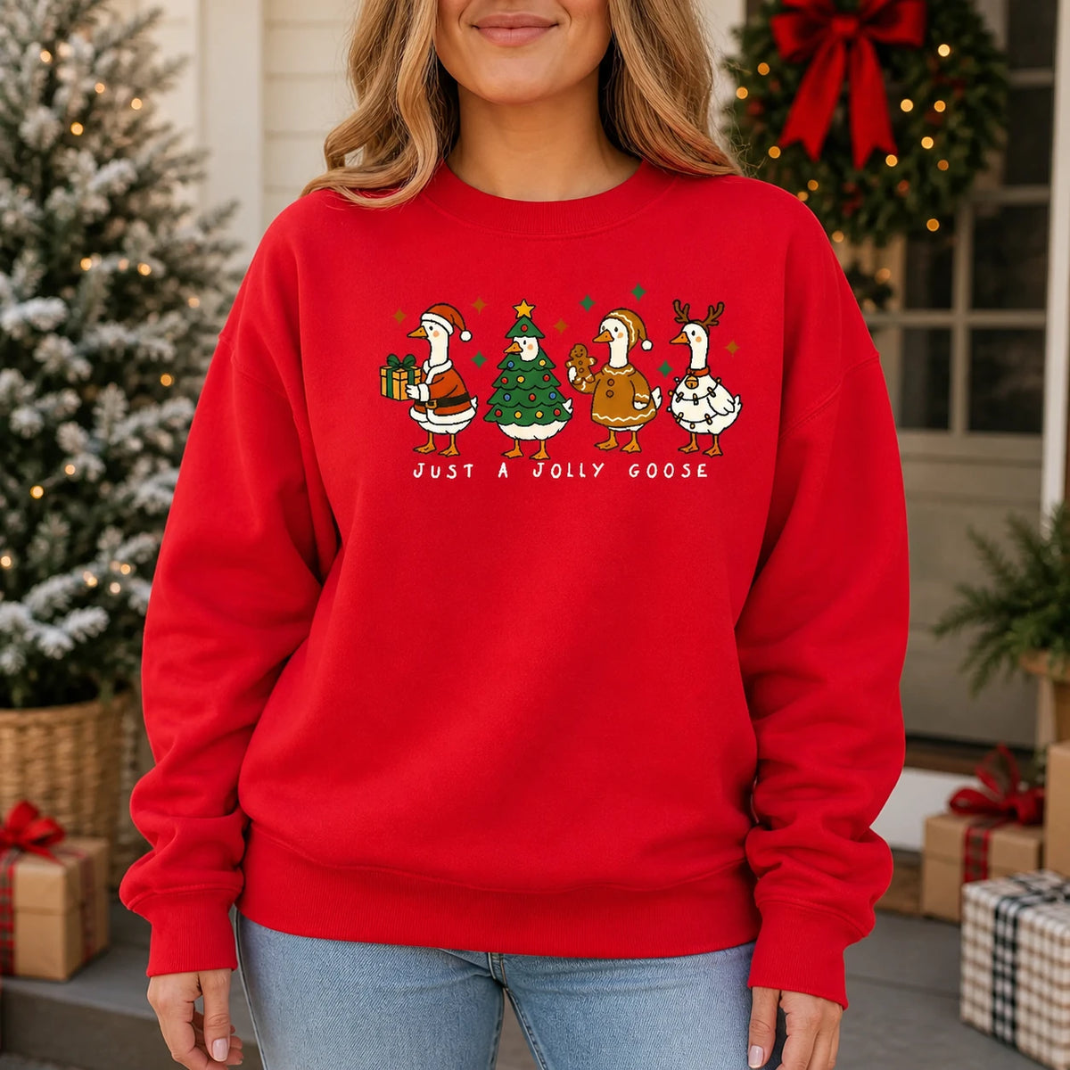 Christmas Goose Sweatshirt Just A Jolly Goose Cute Holiday Animal Lover Women Design