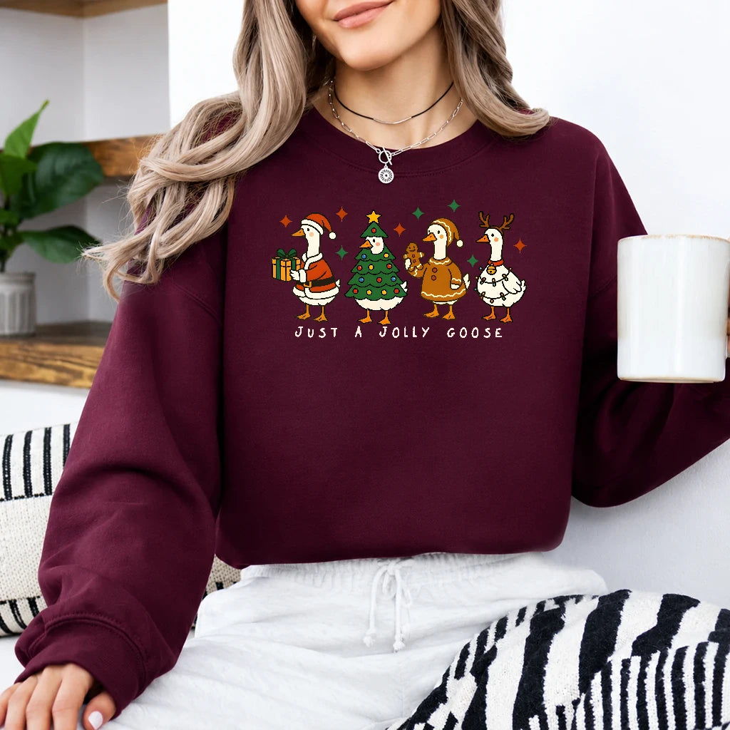 Christmas Goose Sweatshirt Just A Jolly Goose Cute Holiday Goose Lover Women Cartoon Design