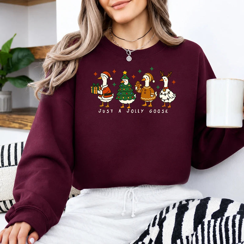 Christmas Goose Sweatshirt Just A Jolly Goose Cute Holiday Goose Lover Women Cartoon Design