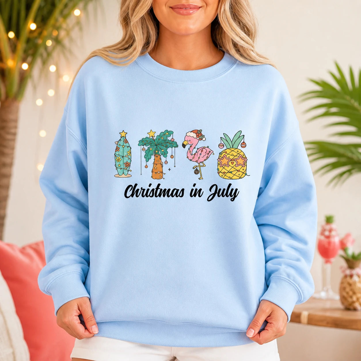 Christmas In July Tropical Summer Sweatshirt Women Cute Beach Holiday