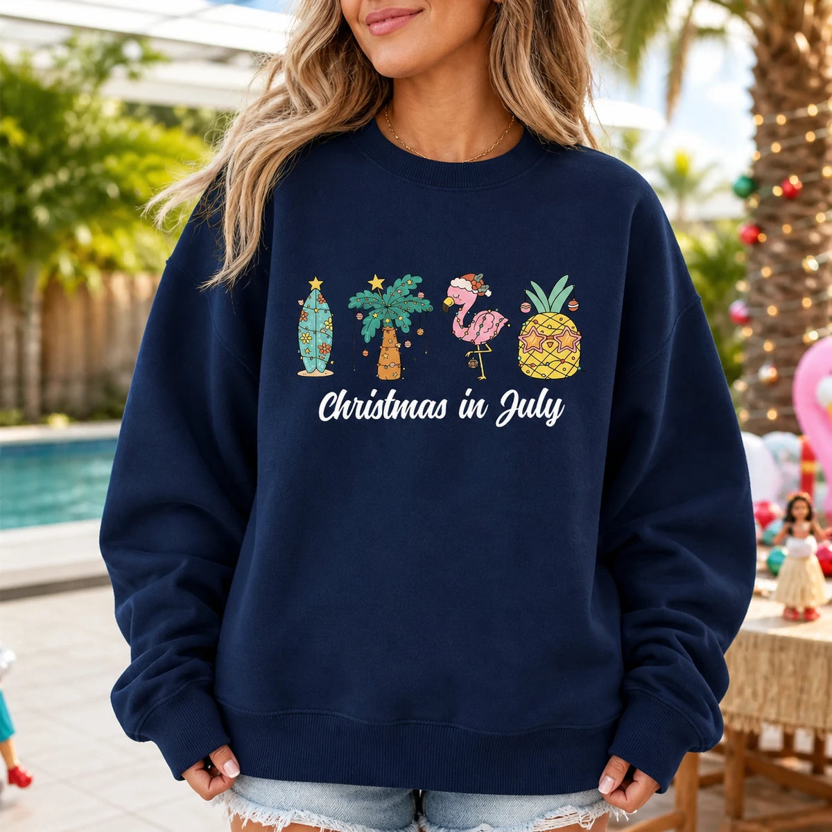 Christmas In July Tropical Summer Sweatshirt Women Cute Beach Holiday