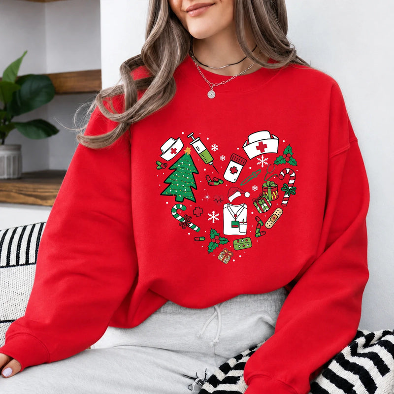 Christmas Nurse Outfit Festive Medical Holiday Sweatshirt Christmas Healthcare Women Cute Doodle Design