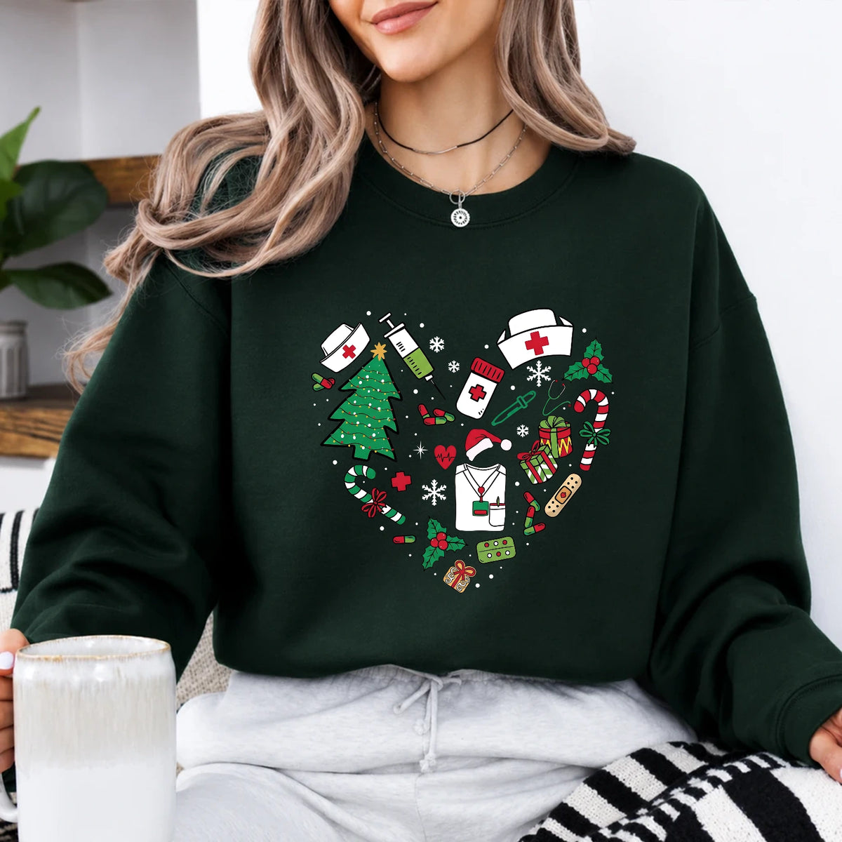 Christmas Nurse Outfit Festive Medical Holiday Sweatshirt Christmas Healthcare Women Cute Doodle Design