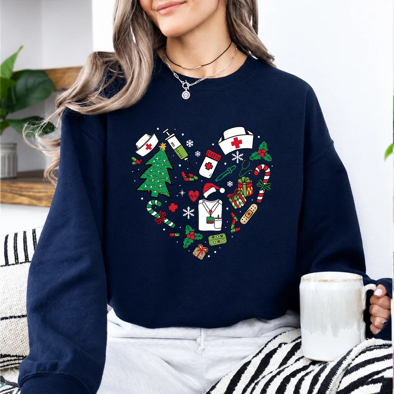 Christmas Nurse Outfit Festive Medical Holiday Sweatshirt Christmas Healthcare Women Cute Doodle Design