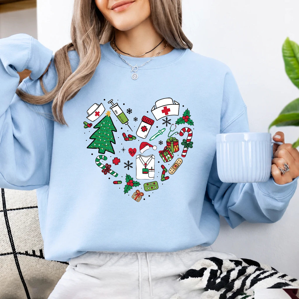 Christmas Nurse Outfit Festive Medical Holiday Sweatshirt Christmas Healthcare Women Cute Doodle Design
