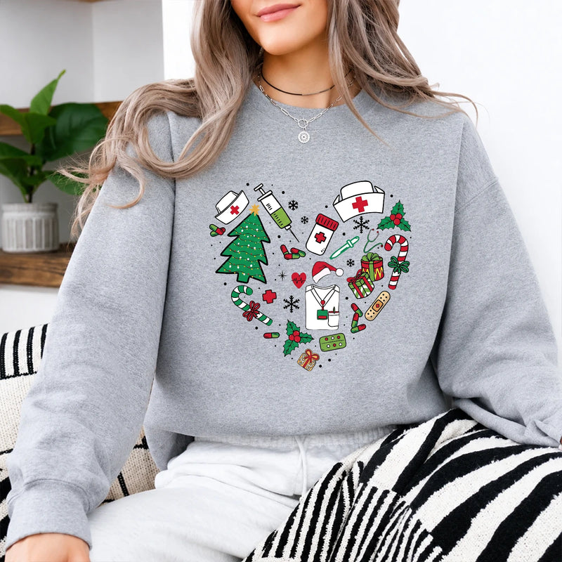 Christmas Nurse Outfit Festive Medical Holiday Sweatshirt Christmas Healthcare Women Cute Doodle Design