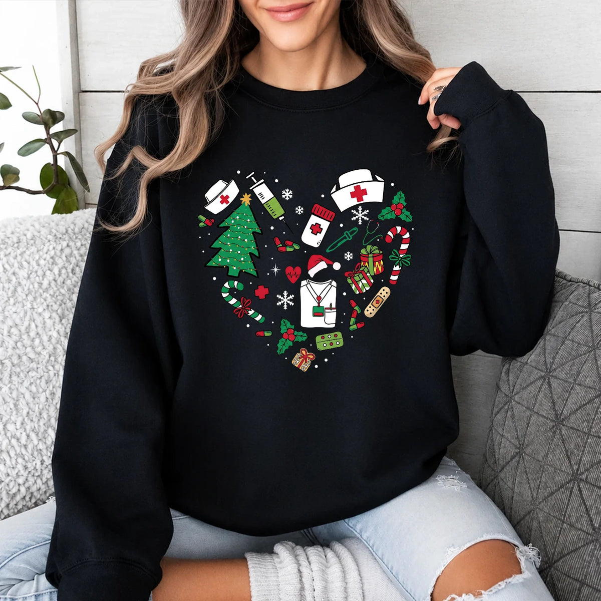 Christmas Nurse Outfit Festive Medical Holiday Sweatshirt Christmas Healthcare Women Cute Doodle Design