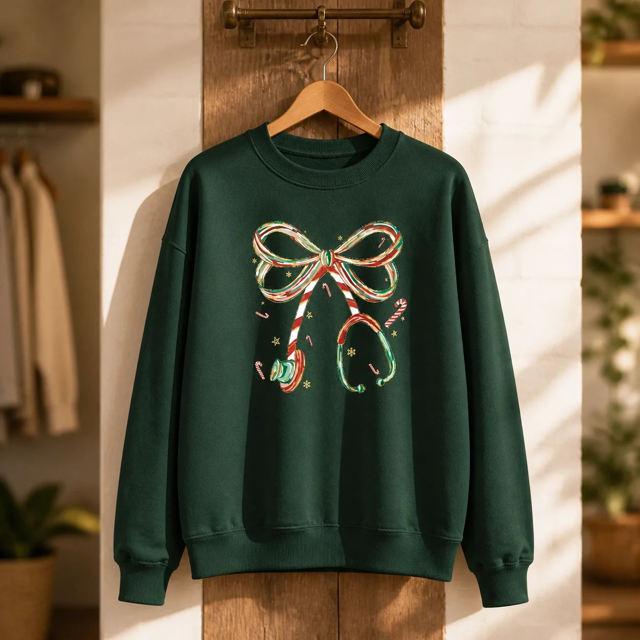 Christmas Nurse Sweatshirt Candy Cane Stethoscope Bow Cute Healthcare Holiday Design