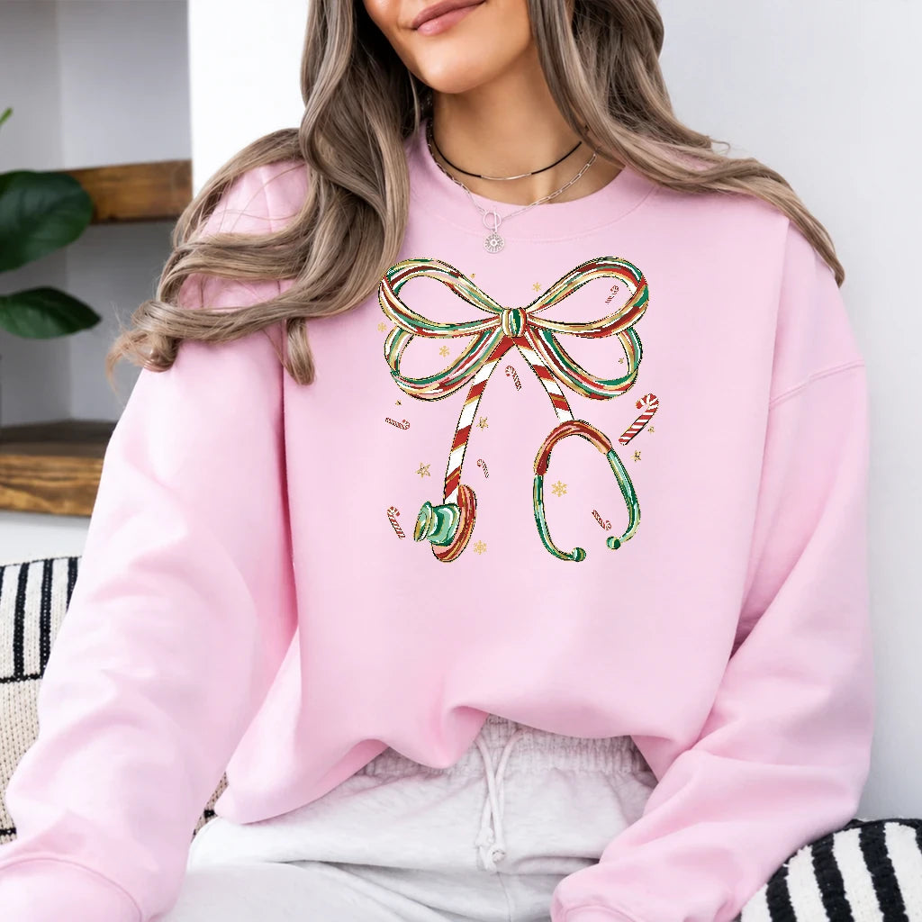 Christmas Nurse Sweatshirt Candy Cane Stethoscope Bow Christmas Healthcare Women Cute Coquette Design