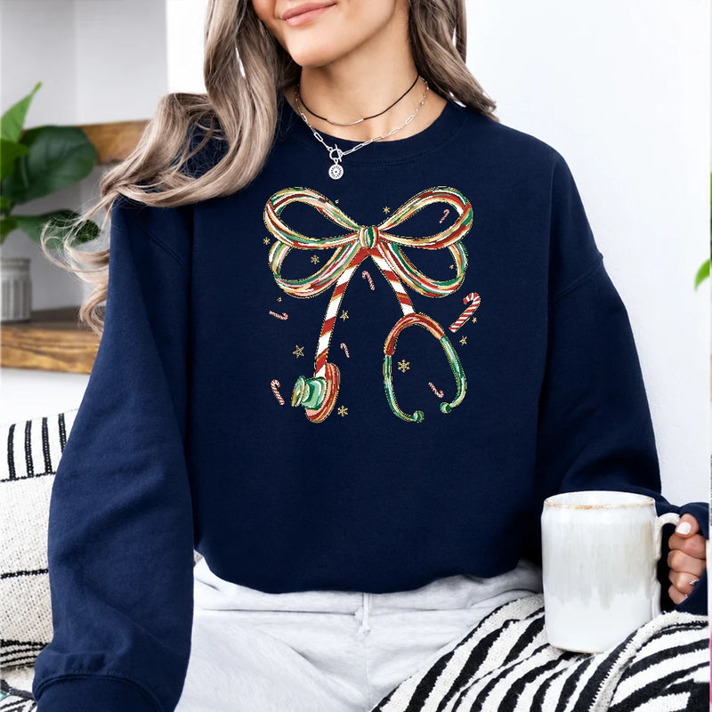 Christmas Nurse Sweatshirt Candy Cane Stethoscope Bow Christmas Healthcare Women Cute Coquette Design