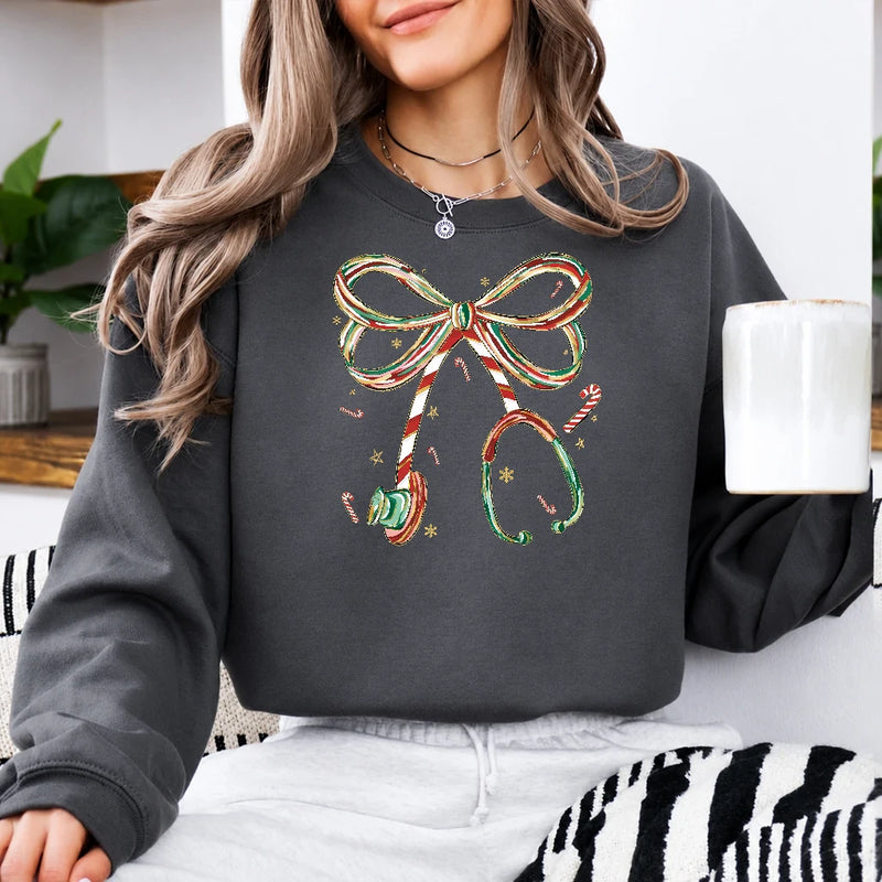 Christmas Nurse Sweatshirt Candy Cane Stethoscope Bow Christmas Healthcare Women Cute Coquette Design