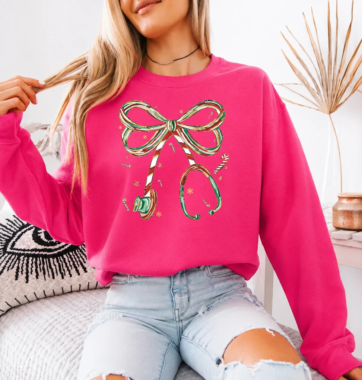 Christmas Nurse Sweatshirt Candy Cane Stethoscope Bow Christmas Healthcare Women Cute Coquette Design