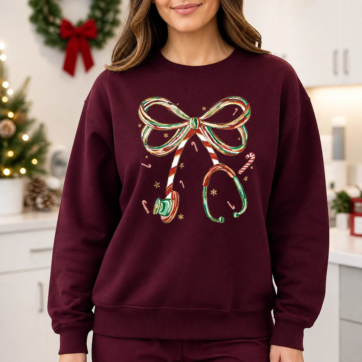 Christmas Nurse Sweatshirt Candy Cane Stethoscope Bow Cute Healthcare Holiday Design