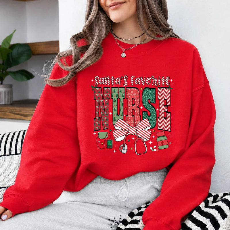 Christmas Nurse Sweatshirt Santa's Favorite Nurse Christmas Nursing Women Cute Bow Design