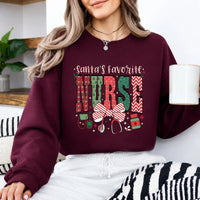 Christmas Nurse Sweatshirt Santa's Favorite Nurse Christmas Nursing Women Cute Bow Design