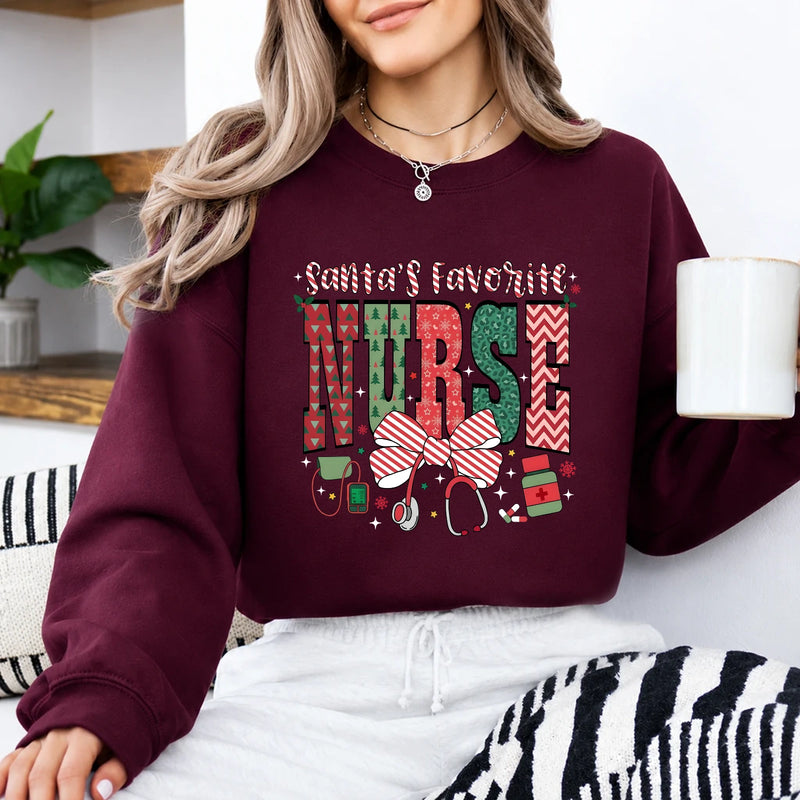 Christmas Nurse Sweatshirt Santa's Favorite Nurse Christmas Nursing Women Cute Bow Design