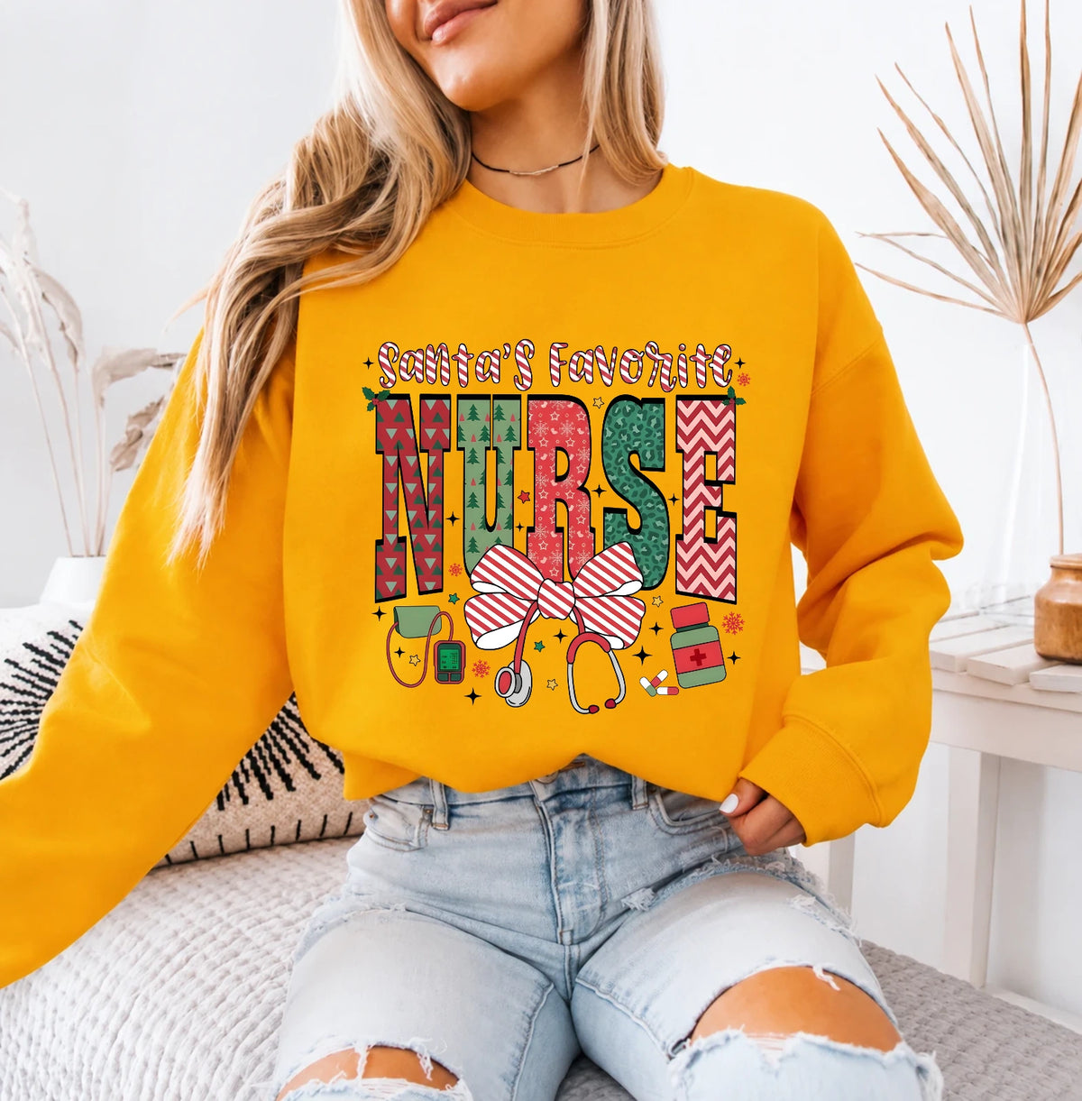 Christmas Nurse Sweatshirt Santa's Favorite Nurse Christmas Nursing Women Cute Bow Design