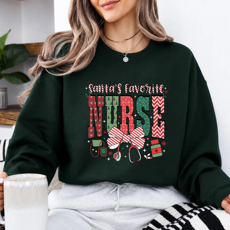 Christmas Nurse Sweatshirt Santa's Favorite Nurse Christmas Nursing Women Cute Bow Design