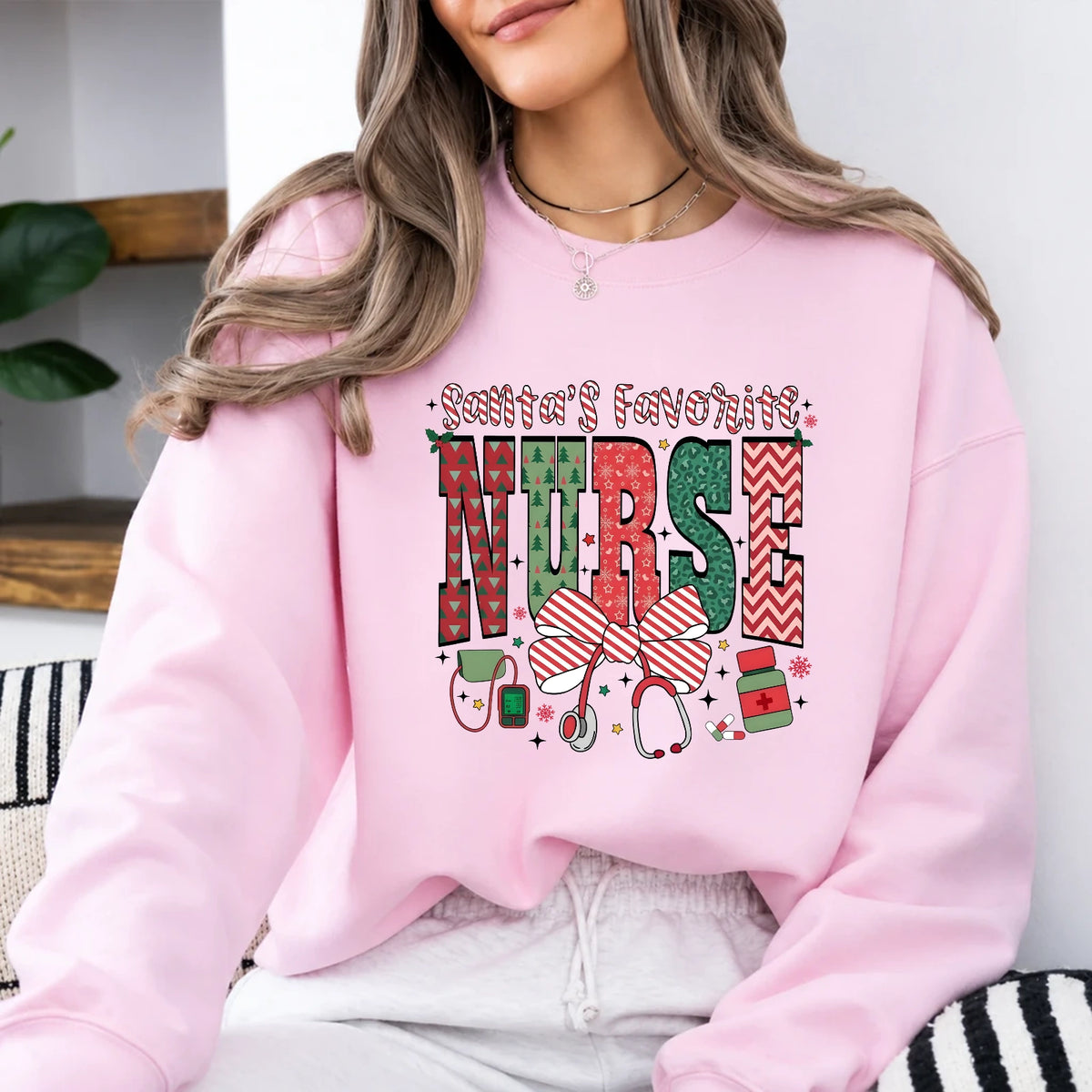 Christmas Nurse Sweatshirt Santa's Favorite Nurse Christmas Nursing Women Cute Bow Design
