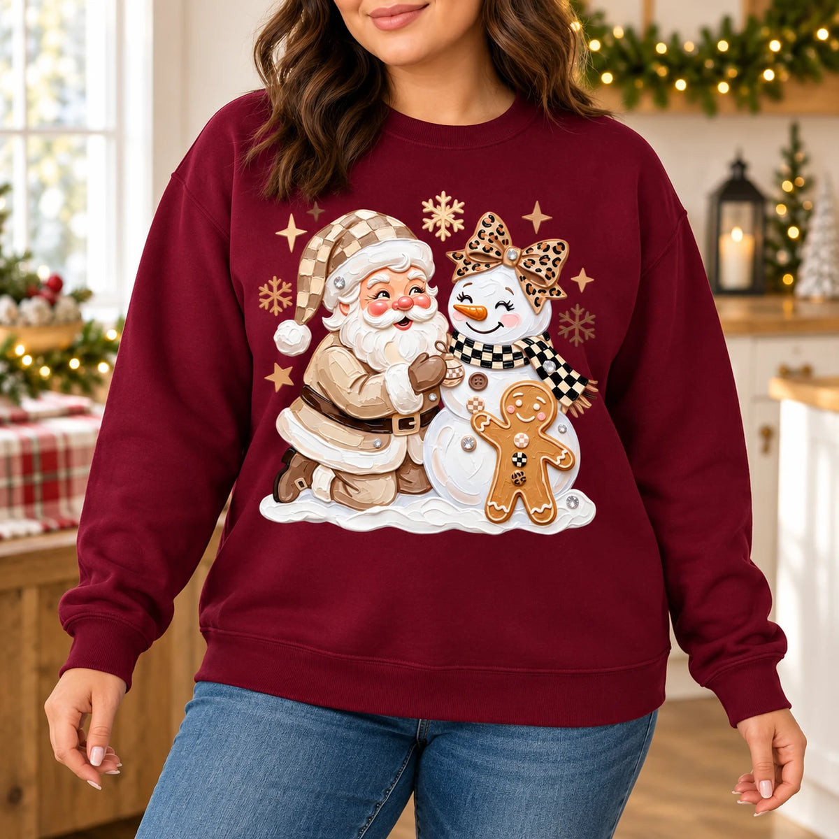 Christmas Outfit for Women, Santa Snowman Gingerbread Sweatshirt, Cute Coquette Holiday Graphic, Vintage Winter Xmas Style