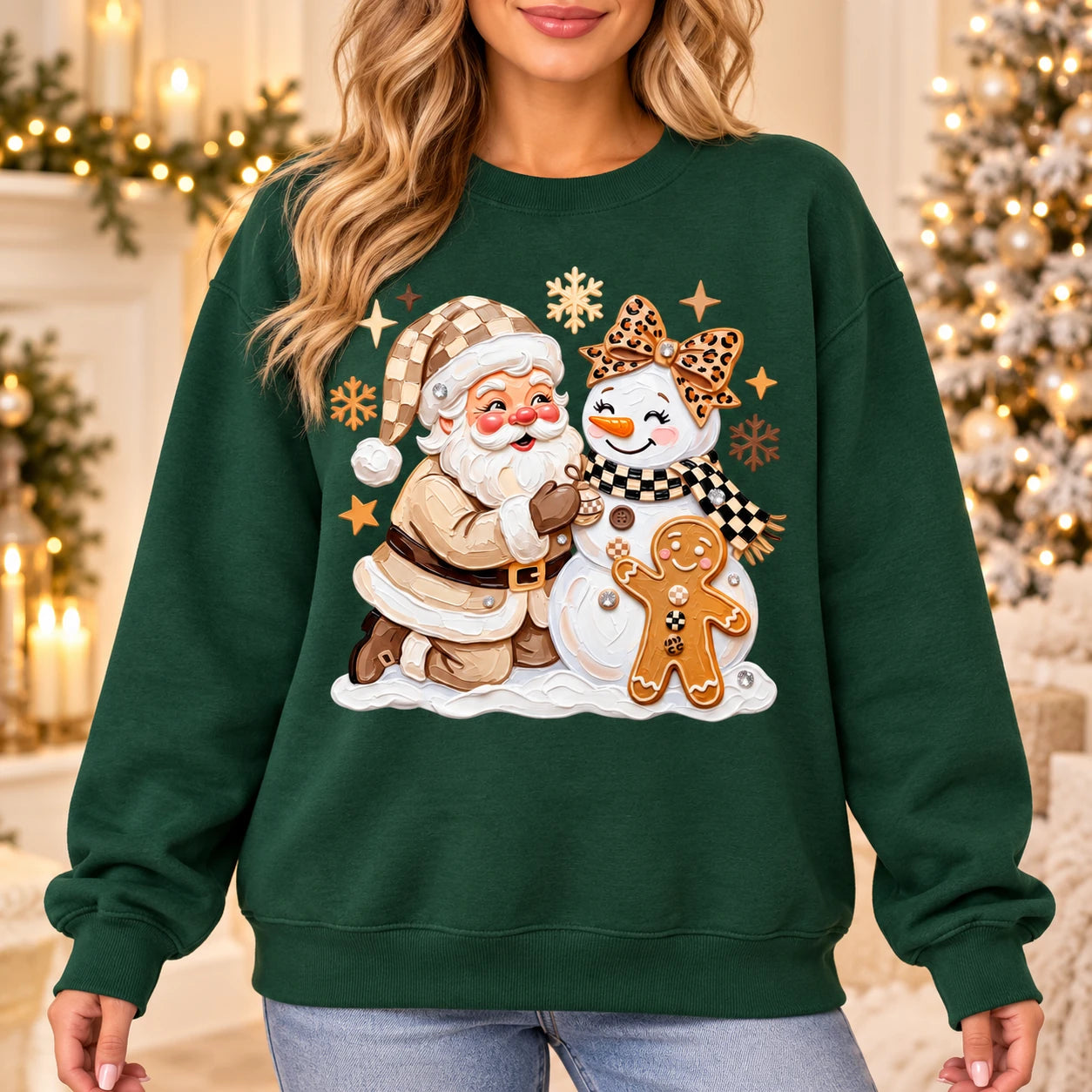 Christmas Outfit for Women, Santa Snowman Gingerbread Sweatshirt, Cute Coquette Holiday Graphic, Vintage Winter Xmas Style