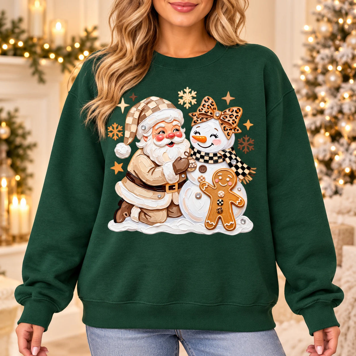 Christmas Outfit for Women, Santa Snowman Gingerbread Sweatshirt, Cute Coquette Holiday Graphic, Vintage Winter Xmas Style