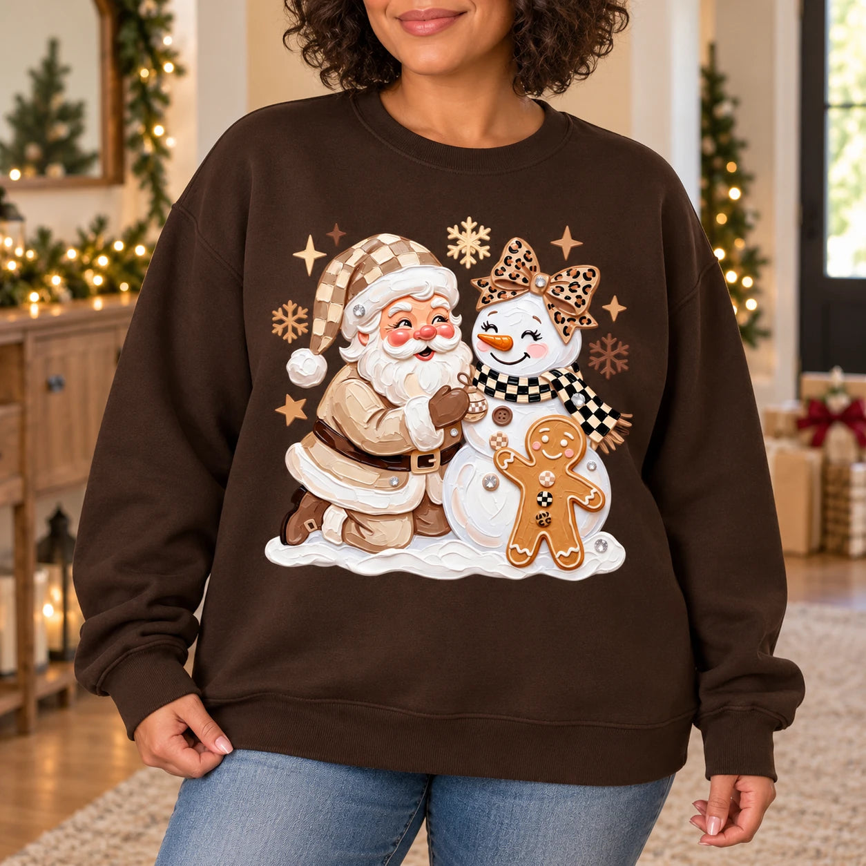 Christmas Outfit for Women, Santa Snowman Gingerbread Sweatshirt, Cute Coquette Holiday Graphic, Vintage Winter Xmas Style